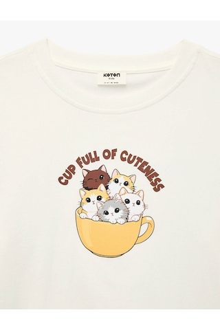 Koton Kedi Baskılı Ekru Kız Çocuk T-shirt 6skg10586ak