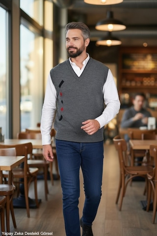 Kamalı Erkek Gri Tüylenme Yapmayan Anti-pilling Standart Fit Normal Kesim V Yaka Triko Süveter