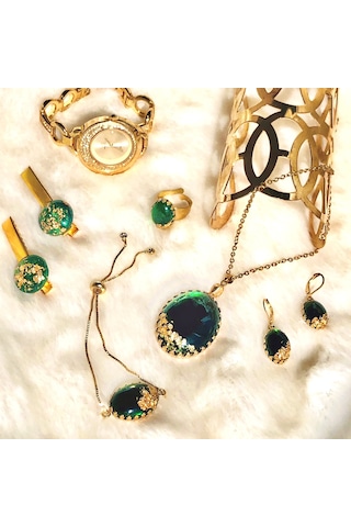 Ronik Altın Kaplama Çelik Kolye Küpe Bileklik Yüzük & Saç Tokası Seti Altın