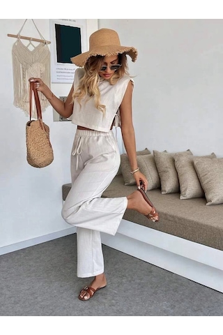 Yan Bağlama Detaylı Pantolonlu Takım Bej Bej