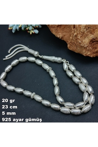 925 Ayar Gümüş Tesbih Arpa Kesim Nokta Desenli Orta Boy