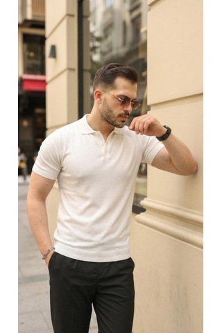 Efnaz Style Erkek Düğmeli Yaka Pamuk Triko Tişört Beyaz