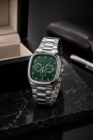 Erkek Gümüş Metal Kordon Analog Kol Saati Yeşil Kadran Takvim Göstergeli - Gümüş Çok Renkli