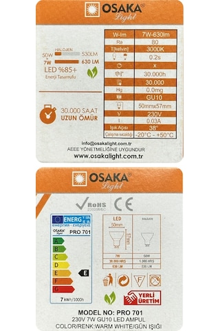 6 Adet Osaka 7w 50w Sarı Işık 3000k Gu10 Duylu Led Spot Ampul