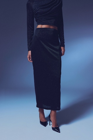 Sateen Simli Midi Etek - Siyah-135382 Siyah