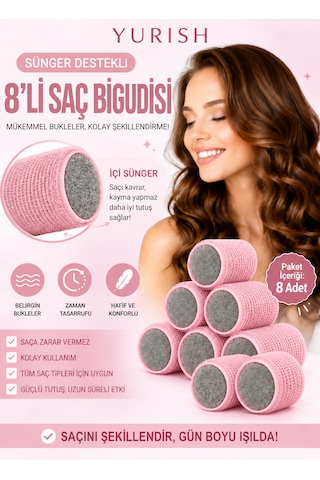 8 Li Sünger Destekli Saç Bigudisi Isısız Bukle Ve Hacim Veren Toz Pembe Set Açık Pembe
