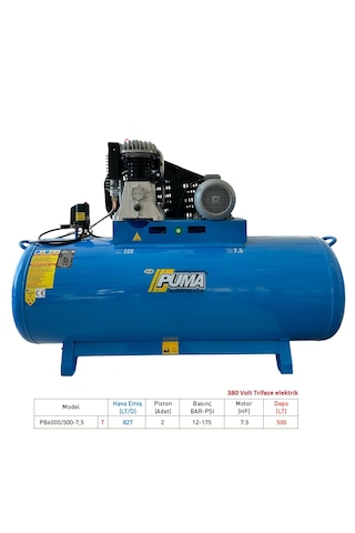 Puma Pb6000 / 500-7.5 500 L 12 Bar İtalyan Kafa Piston Kompresör