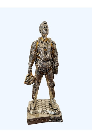 Savaş Pilotu Heykel Biblo 40 Cm Gümüş Ve Gold Renk Detaylı