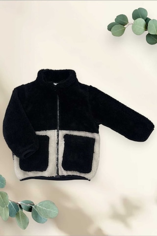Kız Çocuk Peluş Siyah Ekru Cepli Fermuarlı Welsoft Kışlık Mont Siyah
