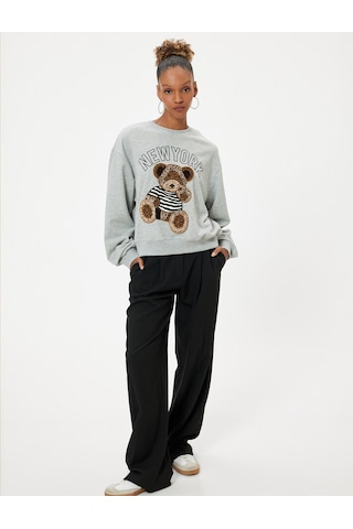 Koton Bisiklet Yaka Sweatshirt Oversize Ayıcık İşlemeli Sloganlı Şardonlu Gri Melanj 5wal10072ık Gri Melanj