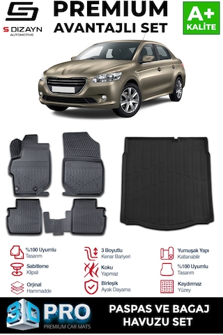S-dizayn Peugeot 301 3d Pro Havuzlu Paspas Ve Bagaj Havuzu Seti 2'li Set 2013 Üzeri A+ Kalite