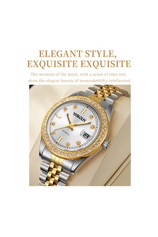 Yashıdun 5068 Şık Kadın Kuvars İzle Çelik Kayış Taklidi Dekor Aydınlık Saat - Altın Kadran