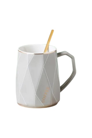 Geometrik Desenli Gold Kaşıklı Kapaklı Modern Seramik Kupa Gri