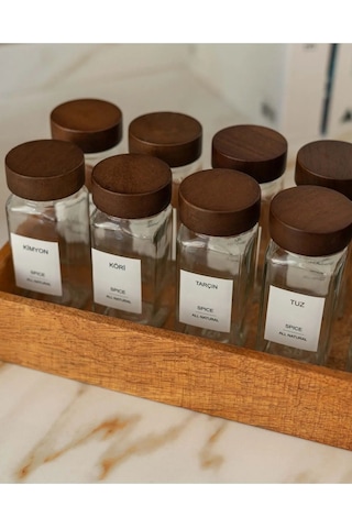 12'li Akasya Kapaklı Baharatlık Seti Cam 16 Adet Hediye Etiket ŞEffaf