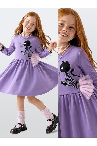 Deno Kids Denokids Kız Çocuk Elbise Kedi Baskılı Tül Detaylı Uzun Kollu Fırfırlı Elbise 4-9 Yaş Çok Renkli