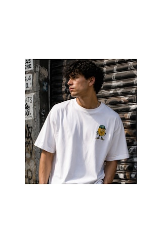 Qmen Style Unisex Beyaz Oversize Baskılı T-shirt Limon %100 Pamuk