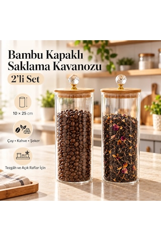 Şık Tasarımlı Bambu Kapaklı Saklama Kavanozu 2 Li Set Çok Renkli