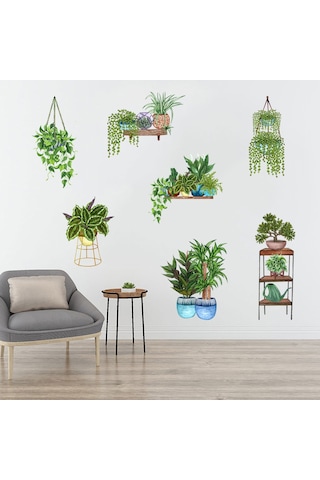 Saksılı Çiçek Tasarımlı Yapışkanlı Sticker 5060 Çok Renkli