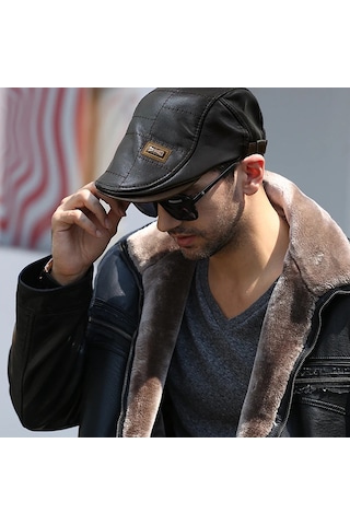 Erkek Suni Deri Gözlük Şapkası Kare Dikiş Detaylı Ayarlanabilir Flat Cap 3 Renk Siyah