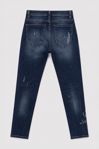 Blue White Erkek Skinny Ripped Patch Detaylı Jean Koyu Mavi 27