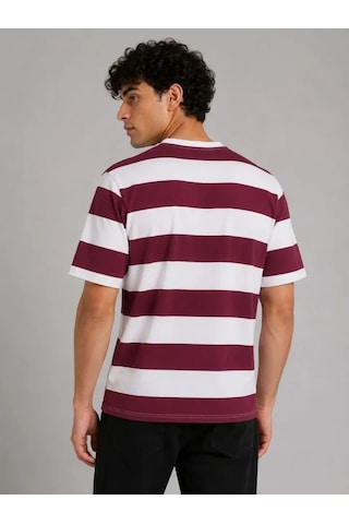 Modi Erkek Çizgili Oversize Tişört Bisiklet Yaka Kısa Kol Yazlık T-shirt - Bordo Açık Bordo