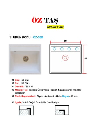 Öztaş ÖZ-55b Granit Mutfak Eviye Tek Gözlü 50 x 55 CM