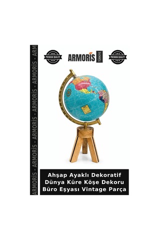Ahşap Ayaklı Dekoratif Dünya Küre Köşe Dekoru Büro Eşyası Vintage Parça Çok Renkli