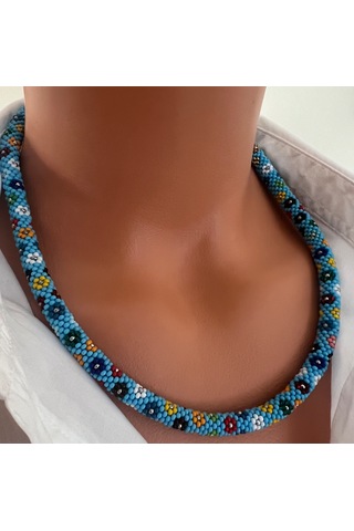 Chichibeads Mavi Papatya Desenli Kolye Bileklik Set Beyaz - Mavi