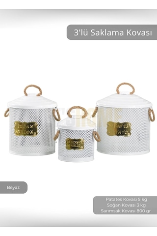 3'lü Set Sebzelik Metal Patates Soğan Sepeti Sarımsak Kovası Şık Organizer Beyaz Beyaz