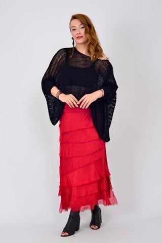 İtalyan 2 Beden Ince Gösteren Kat Kat Ipek Etek & Straplez Elbise Kırmızı