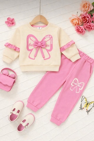 Beka Kids Kız Çocuk Kurdele Detaylı Siyah Sweatshirt Pantolon Alt Üst Takım Pembe