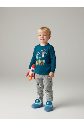 Zekids Erkek Çocuk Space Up Astronot Baskılı Uzun Kollu Pijama Takımı-16843 Yeşil