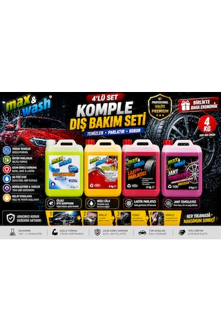 Max&wash 4'lü Komple Dış Bakım Seti 4x4 Kg Cilalı Oto Şampuan + Hızlı Cila + Lastik Parlatıcı + Jant Temizleyici Profesyonel Araç Bakım Seti