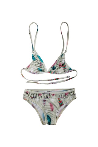 Lolliboomkids Kız Çocuk Fırfır Detaylı Üçgen Bağlamalı Kuş Tüyü Desen Baskılı Bikini Takımı Fur Çok Renkli