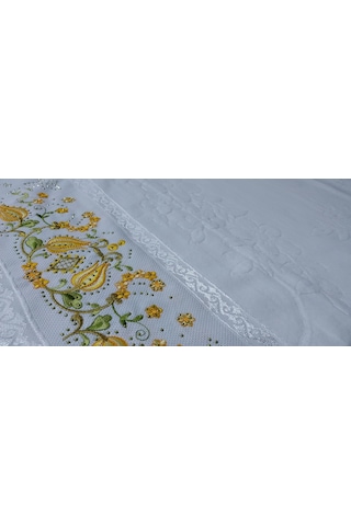 Algelsineve Taş İşlemeli Kadife Dokulu Pamuklu Baş & El Havlusu Işıltılı Çiçek Nakışlı 50 90 Cm 200 Gr Sarı