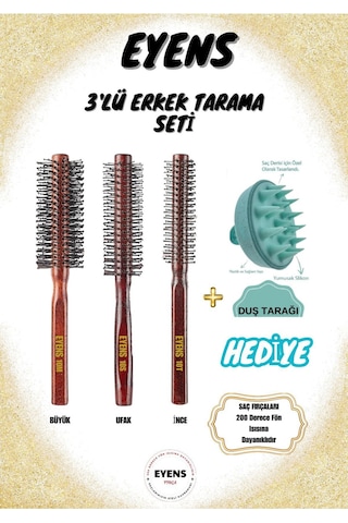 Eyens 3'lü Erkek Tarama Seti + Duş Masaj Tarağı Saç Fırçaları 200 Derece Fön Isısına Dayanıklıdır