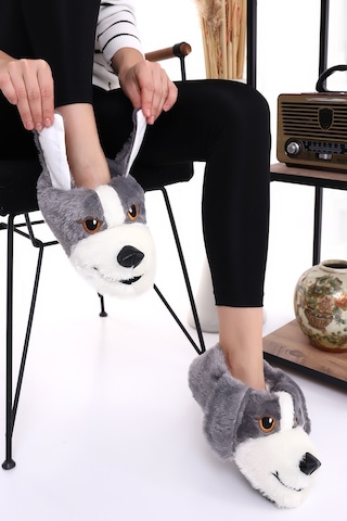 Wordex Hayvanlı H10 Köpekli Kışlık Kadın Erkek Çocuk Panduf Ev Içi Sessiz Taban Panduf Gri