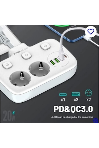 Akım Korumalı 2 Li Ayrı Anahtarlı Priz, 2x Priz, 3x Usb, 1x Type-c, 2 Mt Kablo, Hızlı Şarj 1