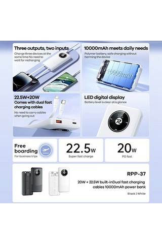 Tongxida Remax Rpp-37 10000mah Güç Bankası 20w+22.5w İphone Uyumlu Android Çift Hızlı Şarj Dahili Kablolar Beyaz Beyaz