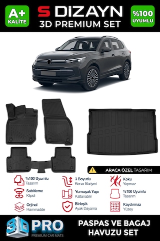 S-dizayn Vw Tiguan 3d Pro Havuzlu Paspas Ve Bagaj Havuzu Seti 2'li Set 2024 Üzeri A+ Kalite