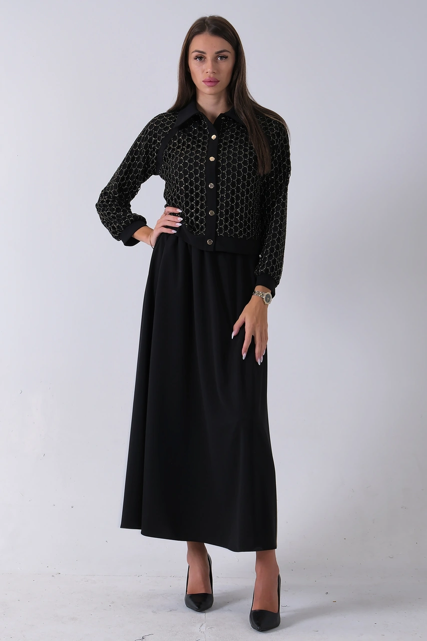 Feminist Siyah Sarı Petek Motifli Etekli Takım 4577253.01 Siyah