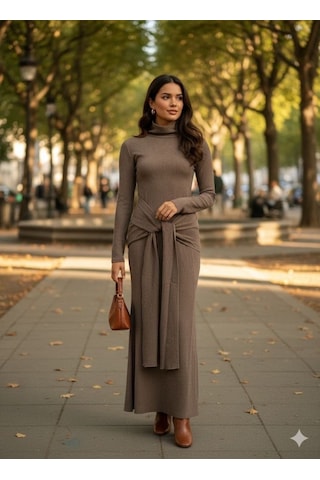 Moderie Butik Kadın Uzun Kollubalıkçı Yaka Bürümcük Kumaş Kuşak Dahilkalem Elbise Sütlü Kahve