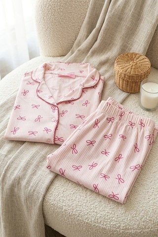 Mataş Kadın Pembe Çiçek Desenli Bambu Viskon Uzun Kollu Soft Örme Pijama Takımı