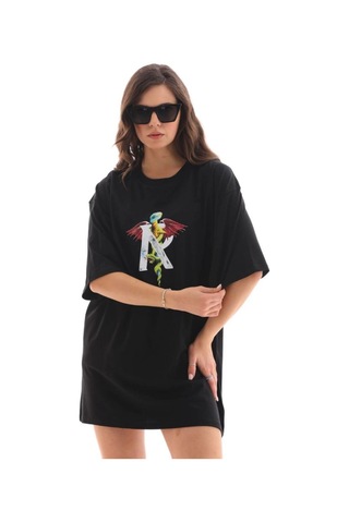 Vinevesta Kadın Baskılı T-shirt Kısa Kol Bisiklet Yaka Regular Fit Rahat Kalıp Günlük Tişört -siyah Çok Renkli