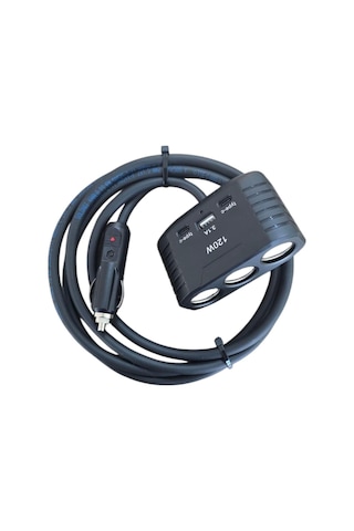 Araç Çakmak Uzatma Kablosu Çakmaklık Çoklayıcı Usb, Type-c Çıkışlı 12 Volt 10 Amper 120 Wat 2 X1,5mm Ttr Bakır 2 Mt-siyah-yk-ot732
