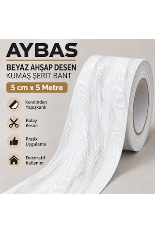 Aybas 5 Cm X 5 Metre Beyaz Ahşap Desenli Kumaş Yapışkan Bant Mobilya Kaplama Ve Tamir Şeridi 5 Cm X 5 Metre - Beyaz Ahşap Desen