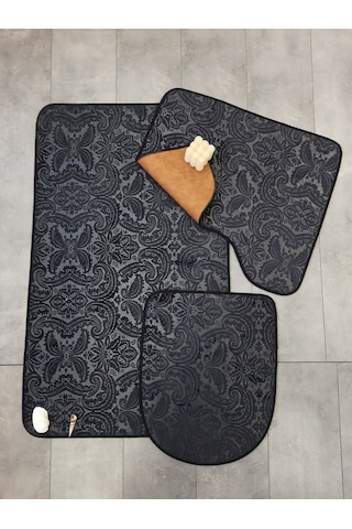 Bonny Home 3 Lü Siyah Ultrasoft Desenli Klozet Takımı Banyo Halısı Siyah