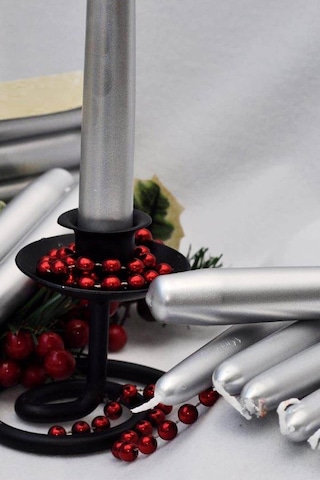 4 Adet Gümüş Varaklı Gri Renk Silindir Konik Şamdan Mumu Sedefli Uzun Ince Konik 4'lü 2x25 Cm Diğer