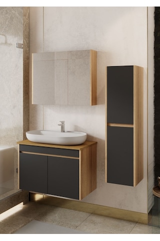Karen Banyo Luna 80 Cm Tezgahlı, Aynalı Banyo Dolabı Seti, Seramik Lavabo Dahil Sonoma - Antrasit