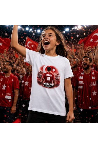 Bk Gift Kişiye Özel Türkiye Taraftar Temalı 2026 Dünya Kupası Tasarımlı Çocuk Tişört-1, Tek Yürek Milli Takım Ruhu Beyaz